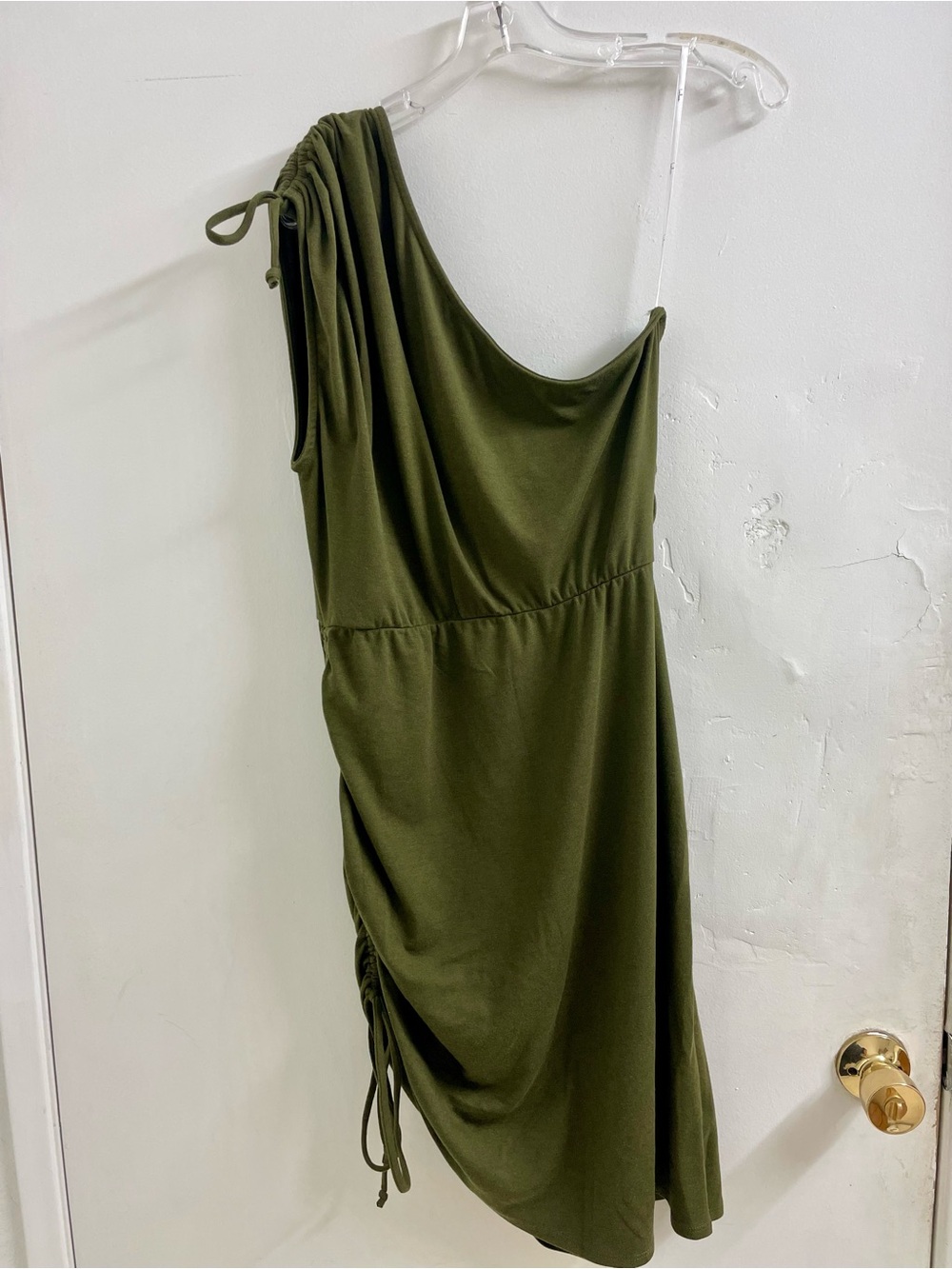 Lulu's Olive One-Shoulder Ruched Drawstring Dress - Picture 2 of 7